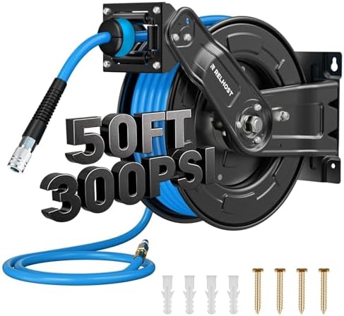Retractable Air Hose Reel Dual Arms, 50 ft x 3/8 in Hybrid Air Hose Max 300PSI, Heavy Duty Air Compressor Hose Reel, Auto Rewind, Ceiling/Wall Mount for Garage, Workshop, Home Studio by Relhost