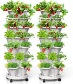 7 Tiered Strawberry Vertical Planter 2 Pack, Stackable Tower Garden Planter Herb Garden Planter with Movable Casters and Bottom Saucer Indoor and Outdoor - White by Tectsia