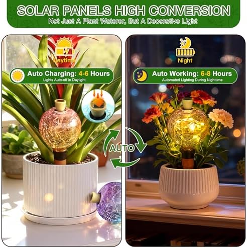 SAVENNA Crackle Glass Plant Watering Globe with Terracotta Spike,Self-Watering Irrigation for Potted Plants, with Solar Accent Light for Indoor & Outdoor Décor, 17oz, Yellow–Pink Gradient - Image 3