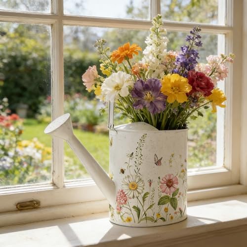 Vintage Floral Metal Watering Can for Indoor/Outdoor Plants, White Functional Garden Waterer with Long Spout, Garden Water Pot Rustic Decor for Home Garden Patio - Image 5