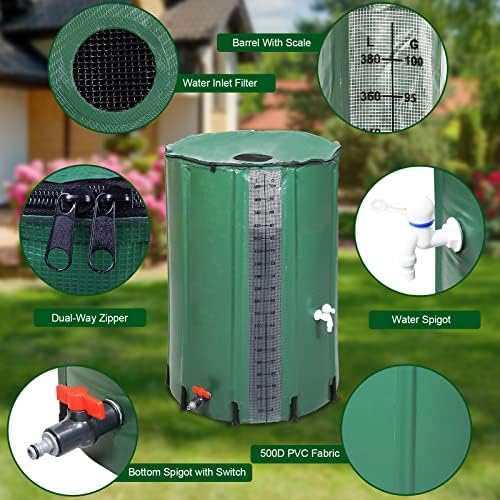 Collapsible Rain Barrel with Scale,100 Gallon with 500D Oxford Cloth, Portable Rain Collection System, Water Barrel Collector w/Filter Spigot, Green - Image 6