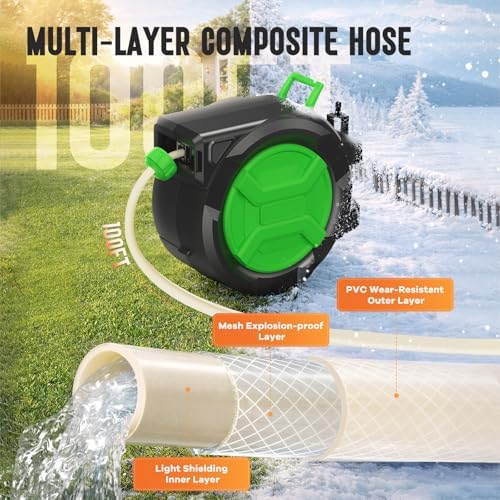 Retractable Garden Hose Reel 1/2" x 100ft, Wall Mounted Water Hose Reel with Auto Rewind, Any Length Lock, 180° Swivel Bracket & 9-Pattern Spray Nozzle, Heavy Duty Outdoor Hose Storage for Garden - Image 5