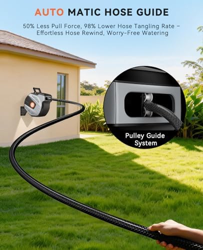 SUNPOW Retractable Garden Hose Reel - 1/2 inch x 85ft Heavy Duty Wall Mounted Hose Reel with 3/4 inch Brass Fitting & 10 Sprayer Nozzle - Any Length Lock, Auto Rewind System, 180°Swivel Bracket- Grey - Image 4