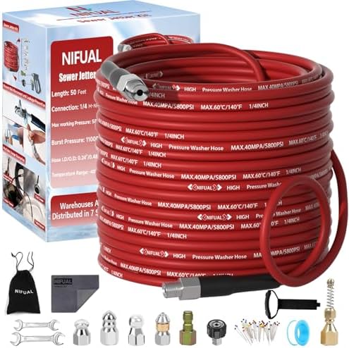 NIFUAL Sewer Jetter Kit for Pressure Washer,100FT 5800PSI Pressure Drain Cleaner 1/4 Inch NPT Corner Rotating and Button Hose Sewer Jetting Nozzle for Homeowners & DIYers by PressureWasherAccessories