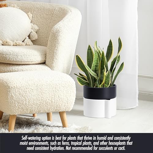 8 Inch Self-Watering Planter Pot with Terracotta Insert, Deep Water Reservoir, and Ceramic-Alike BPA-Free Plastic Planter Pot for Plant, Modern Planter for Houseplants, White/Black, 53-B-T-4 - Image 5