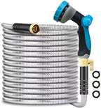 Metal Garden-Hose 200Ft Stainless Steel Water Hose Heavy Duty with 10 Way Nozzle-Flexible Lightweight Durable No Kink & Tangle，Strong 3/4’’ Solid Metal Fitting Shut-Off Valve for Outdoor Yard by Tckoasis