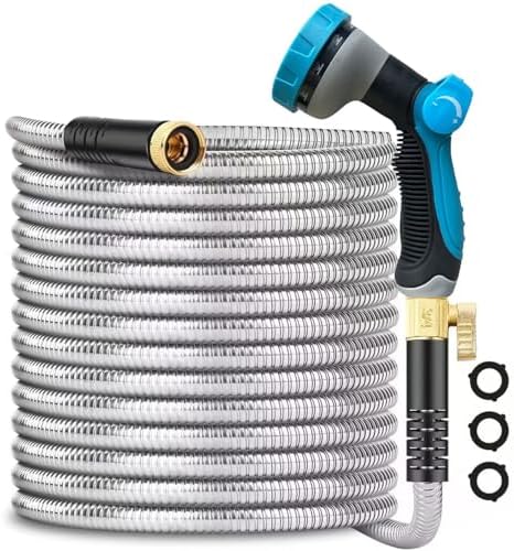 Metal Garden-Hose 200Ft Stainless Steel Water Hose Heavy Duty with 10 Way Nozzle-Flexible Lightweight Durable No Kink & Tangle，Strong 3/4’’ Solid Metal Fitting Shut-Off Valve for Outdoor Yard by Tckoasis