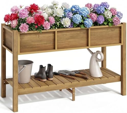 YITAHOME Raised Garden Bed Outdoor HDPE with Shelf, 48x18x30in Poly-Wood Weather-Resistant Elevated Planter Box with Legs for Vegetable Flower, Herb Garden Bed for Backyard Balcony Garden, Brown by YITAHOME