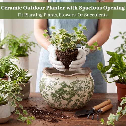 Geetery Ceramic Planter Pot 9.6 Inch Round Plant Pot, Vintage,Green,Medium - Image 6