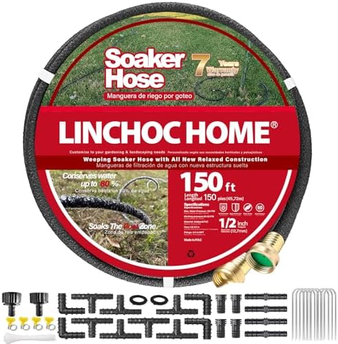 Soaker Hose 150FT 1/2 Inch with Solid Brass Connectors & Garden Stakes Kit, Flexible Leakproof Irrigation System for Garden, Lawn & Landscape by LINCHOC+HOME