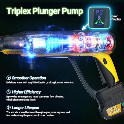 Cordless Washer, 3 Gear Brushless Washer for Car Washing, Patio, Fence, Driveway, Outdoor Cleaning, with 2 Batteries, 6 in 1 Nozzle, 6 Meter Hose, Tap Adapter - Image 3