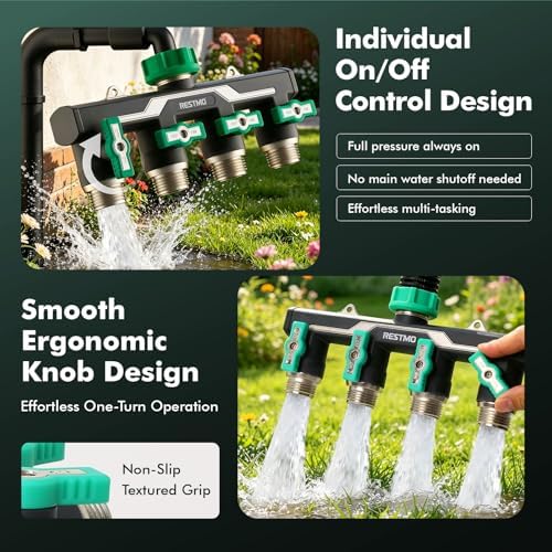 RESTMO Heavy Duty 4 Way Y Garden Hose Splitter Full Metal Body, Green - Image 4