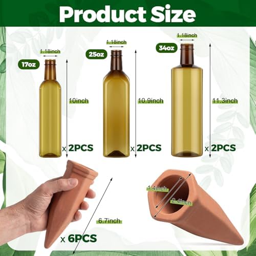 12 Pcs 17oz 25oz 34oz Plant Watering Devices 6 Terracotta Self Watering Spikes 6 Plastic Bottles Slow Release Vacation Planter Insert Automatic Water System for Indoor Outdoor Potted Plant - Image 2