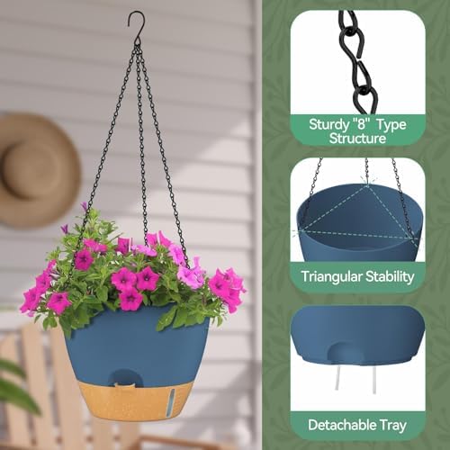 ZMTECH 12 Inch Large Self Watering Hanging Planters for Indoor Outdoor Plants - Water Level Indicator & Removable 60 Oz Reservoir, 1 Pack Plastic Hanging Basket for Window Porch Garden Balcony, Blue - Image 5