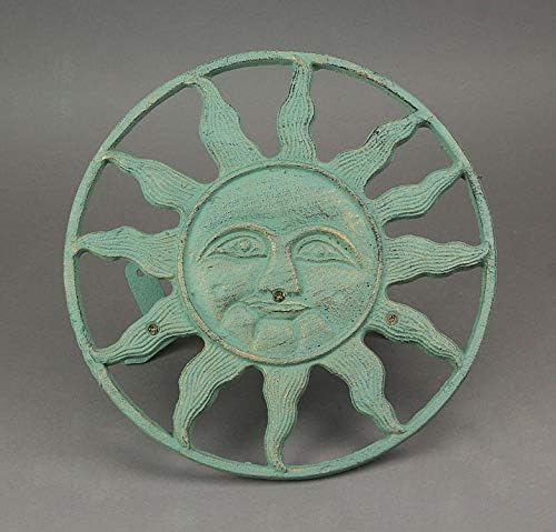 Sun Face Garden Hose Holder, 12 Inch Diameter Verdigris Green Cast Iron - Image 3