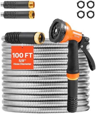 VEVOR Garden Hose Metal 100FT – Heavy Duty Stainless Steel Water Hose, Flexible, No Kink & Tangle, Puncture Resistant & Rust Proof, Lightweight w/ 10-Function Spray Nozzle for Yard, Outdoor, Gardening by VEVOR