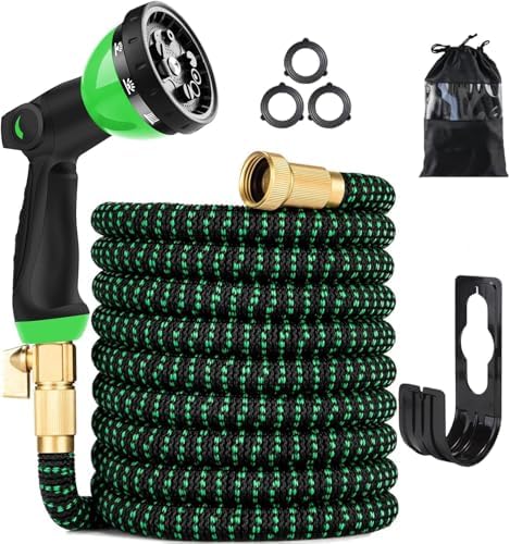 100 ft Expandable Garden Hose - Kink Free Flexible Water Hose with Thumb-Controlled 10-Function Nozzle, 3/4 Solid Connectors, Durable 3750D Fabric, 4-Layer Latex Core by Qxiaofei