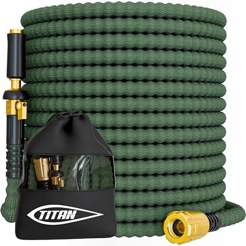 TITAN Flexible Garden Hose 65FT – Ultra Lightweight, Heavy Duty Water Hose with Brass Fittings & Jet Nozzle – Kink-Free, Non-Expanding, Durable Fabric Hose for Yard, Lawn, Car Wash, Outdoor Use by Titan