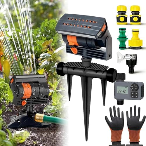 Adjustable Oscillating Sprinkler Wide Coverage,16-Nozzle Oscillating Sprinkler with Timer, Mini Turbo Oscillating Water Sprinklers for Lawn Yard Garden Watering (Ground-Insert, with Single-zone Timer) by Unknown
