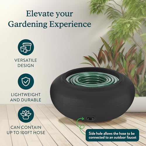 The HC Companies 21 Inch Garden Hose Pot - Durable Lightweight Plastic Decorative Hose Pot for Yard, 100-Foot Capacity Hose Storage, Black - Image 2