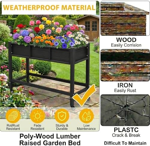 DWVO Raised Garden Bed HDPE with Wheels 47x18x31in Weather-Resistant Poly Wood Raised Planter Box Outdoor with Legs, Elevated Planter Box for Patio Balcony Backyard, Black - Image 3