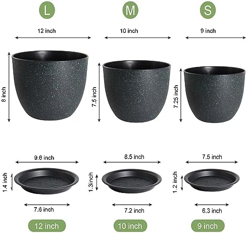 UOUZ 12/10/9 Large Modern Plant Pots, Plastic Planters with Drainage Holes and Saucers for Indoor Outdoor Plants Flowers, Black with Green Speckles - Image 2