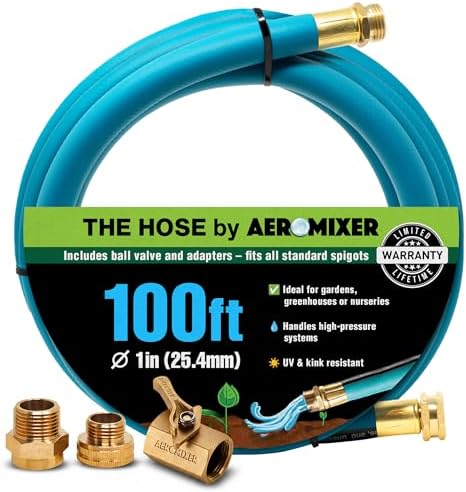 Aeromixer THE HOSE 1 Inch Garden Hose 100 Ft with Brass Valve & Adapter Set by AEROMIXER