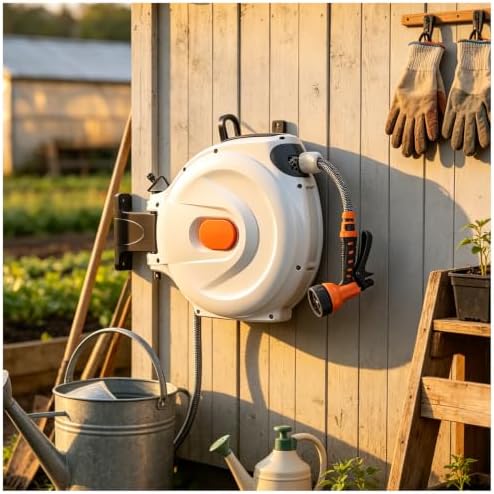 Garden Hose Reel, Wall Mount Retractable Hose with Spray Gun & 8 Patterns 32m/105ft by Unknown