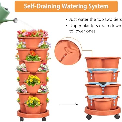 VECELO 7 Tier Vertical Garden Planter, Self Watering Stackable Planters with Wheels for Strawberries, Herbs, Flowers, Vegetables, Red - Image 3