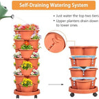 VECELO 7 Tier Vertical Garden Planter, Self Watering Stackable Planters with Wheels for Strawberries, Herbs, Flowers, Vegetables, Red - Image 3