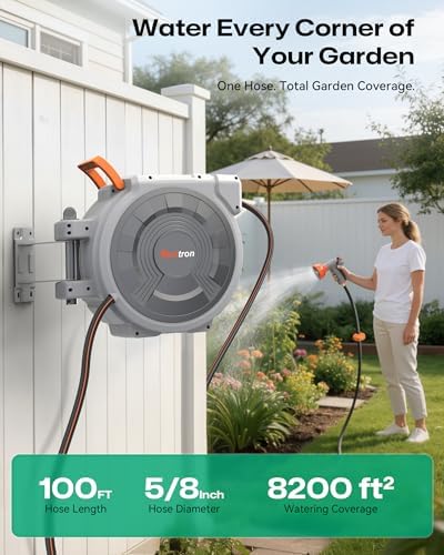 Retractable Garden Hose Reel 5/8"x100ft, 3-Ply Reinforced water hose reel, Any Length Lock, Heavy-Duty Rust Prevention Metal Mount, Brass Fitting, 9 Spray Nozzle for Lawn & Gardening - Image 3