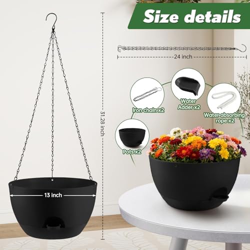 13-inch Oversized Hanging Planter Set of Two,Planters for Indoor and Outdoor Plants.Place Plant pots Across Diverse Settings Including windowsills,Living Room,and Gardens.Pure Black - Image 3