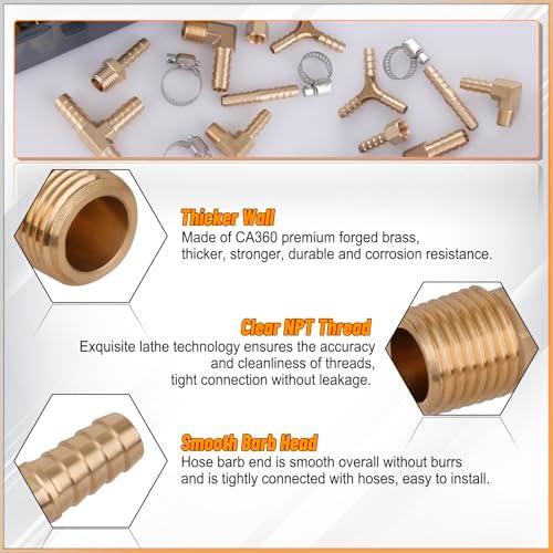 KOOTANS 132pcs Brass Hose Barb Fittings Assortment Kit Barb Splicer, Male Coupler, Female Adapter, 90° Male Elbow, Tee, Y Shaped Union Air Hose Fittings with Clamps for Water Fuel Air Line Connector - Image 4