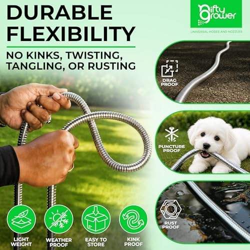 50 FT Garden Hose Stainless Steel Heavy Duty with Spray Nozzle, Lightweight and No-Kink Flexible Water Hose 50 FT with 3/4" Solid Brass Fittings, Metal Waterhose for Outside 50FT, Manguera para Jardin - Image 4