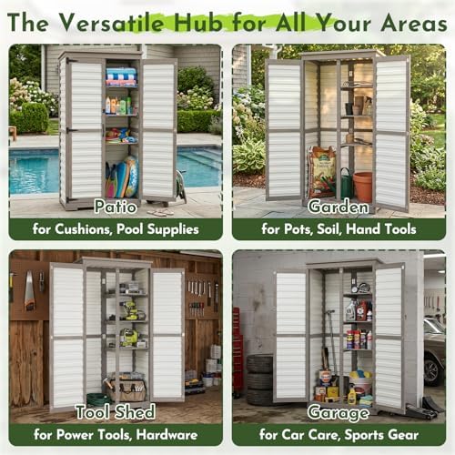 Tall Outdoor Storage Cabinet with Adjustable Shelves, White Plastic & Wood Storage Cabinets with Waterproof Roof, Lockable Doors, Outside Tool Shed for Garden,Patio, Backyard, Garage - Image 6