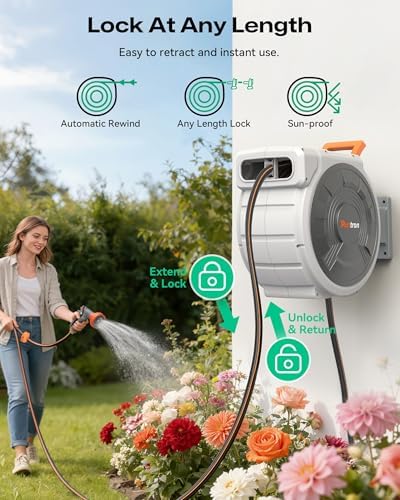 Retractable Garden Hose Reel 85 ft x 1/2 inch, Heavy Duty Automatic Garden Hose Reels, High-Flow, Any Length Lock, 180° Swivel Bracket, Brass Fitting, Wall Mount Water Hose Reel for Outside - Image 3