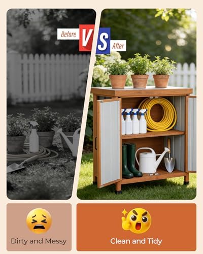 Outdoor Storage Cabinet, 31.5"×17.7"×33.3" in Wood Garden Tool Shed with Rustproof Metal Top, Potting Bench for Patio, Backyard, Pool & Garage, Organizer with Shelves - Image 3