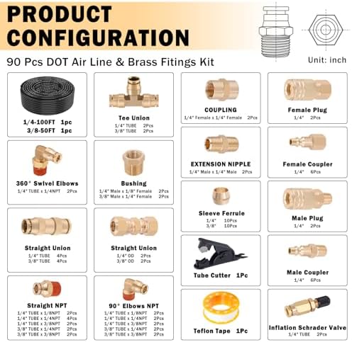 CheeMuii 86 Pcs Brass DOT Air Line Fittings with 1/4" & 3/8" DOT Air Hoses - Image 2