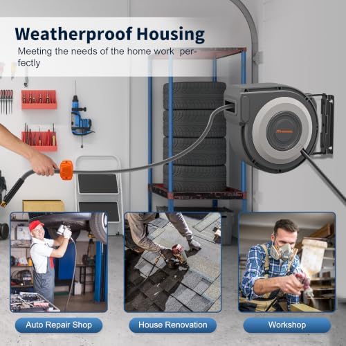 Enclosed Retractable Air Hose Reel, 3/8 Inch x 50+5 Ft Grey - Image 2