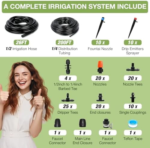 MIXC 226FT Greenhouse Micro Drip Irrigation Kit, Automatic Patio Plant Watering System with 1/4" & 1/2" Tubing, Adjustable Nozzles, Emitters, & Barbed Fittings for Efficient Irrigation - Image 6