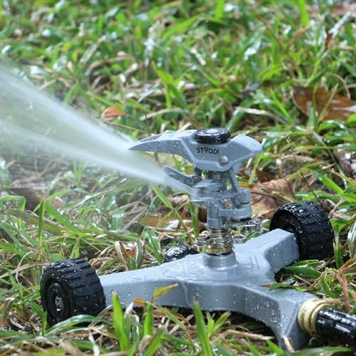 STYDDI Metal Pulsating Sprinkler on in-Series Metal Wheeled Base, Adjustable Circular Water Sprinkler for Medium to Large Circular Lawn, Yard, Garden and Large Areas, Coverage up to 6,360 Sq. ft - Image 2
