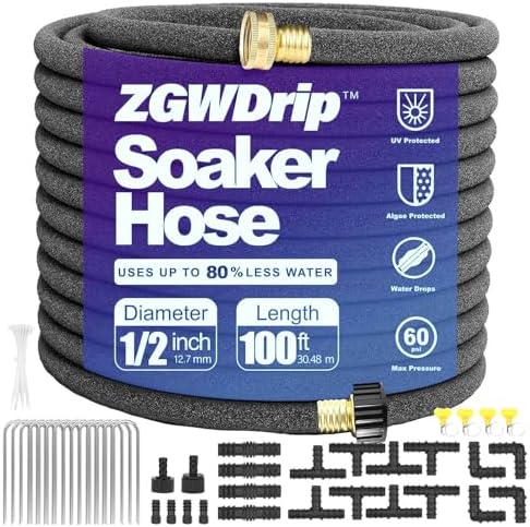 100FT 1/2" Water-Saving Soaker Hose with Solid Brass Connectors, Drip Irrigation Kit for Lawn & Landscaping with Metal Ground Stake & Accessory Kit by Unknown
