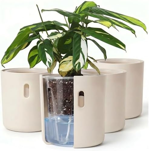 Self Watering Planters, 6 Inch Pot with Water Reservoir, Nylon Wick & Clear Inner Pot, Bottom Water System | Large Self Watering Pots for Indoor & Covered Outdoor Plants | Cream | Pack of 4 by Wavyleaf
