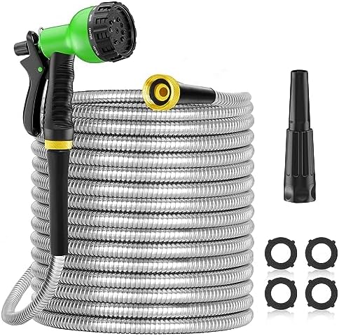 Garden Hose 100FT, Expandable Stainless Steel Water Hose with 10 Modes Spray Gun & Solid Brass Connectors, No Kink, No-Tangle, Tough & Flexible, Rust Proof Heavy-Duty Metal Garden Hose for Yard Lawn by OLASK