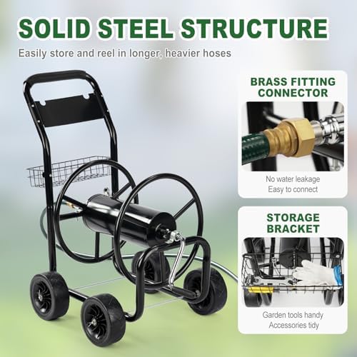 VINGLI 300FT 5/8in Garden Hose Reel Cart, 4-Wheel Portable Residential Hose Reel Cart, Hose Guide System with Storage Basket, Rust Resistant, for Family Yard, Garden and Farm (Black) - Image 4