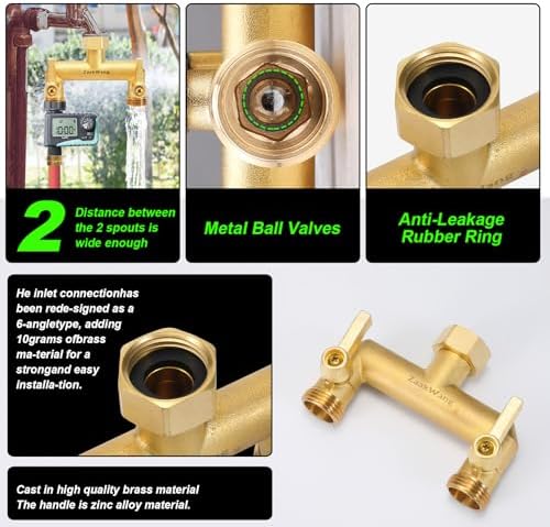 Heavy Duty Brass 2-Way Garden Hose Splitter, 3/4" GHT Threads, Metal Shutoff Valve, Long Handle（2 pack） - Image 2