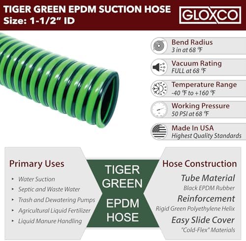 Gloxco Heavy Duty EPDM All Weather Suction Hose Assembly, Black Tube, Lime Green Helix, 1-1/2" Inside Diameter with Male x Female NPSM Pinlug Fittings Installed, 30 ft Length - Image 6