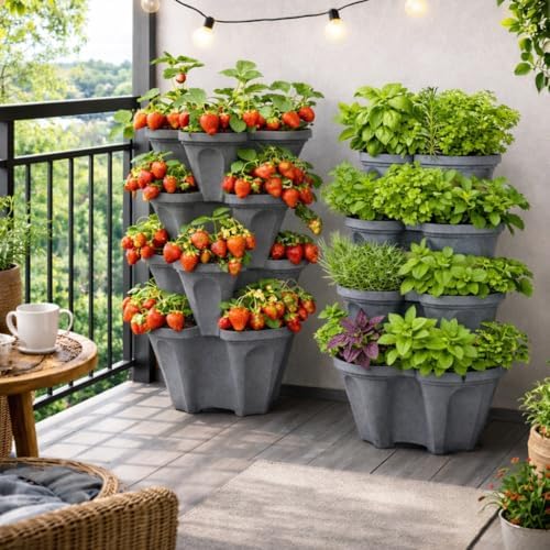 Vertical Garden Planter 4 Tier Stackable System 16 Plants, Space Saving Herb, Strawberry & Food Crop Planter with Center Support Hole for Indoor Outdoor Gardening (4, Slate Gray, Large) - Image 3