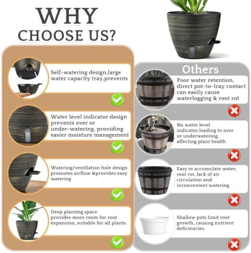 ZMTECH 12/10/8 in Self Watering Pots for Indoor/Outdoor Plants, Gold Bronze Large Plastic Planter with Water Level Indicator, Drainage Hole & Removable Saucer for Garden Flowers, Deco Plant Container - Image 4