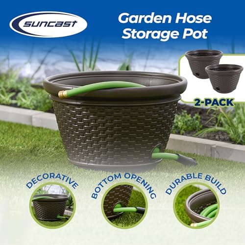 Suncast 2 Pack Decorative Wicker Garden Hose Holder Pot with 4 Drain Holes for 100 Foot Hoses, Java - Image 2